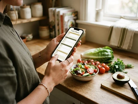 Mãos segurando celular com o planner na cozinha